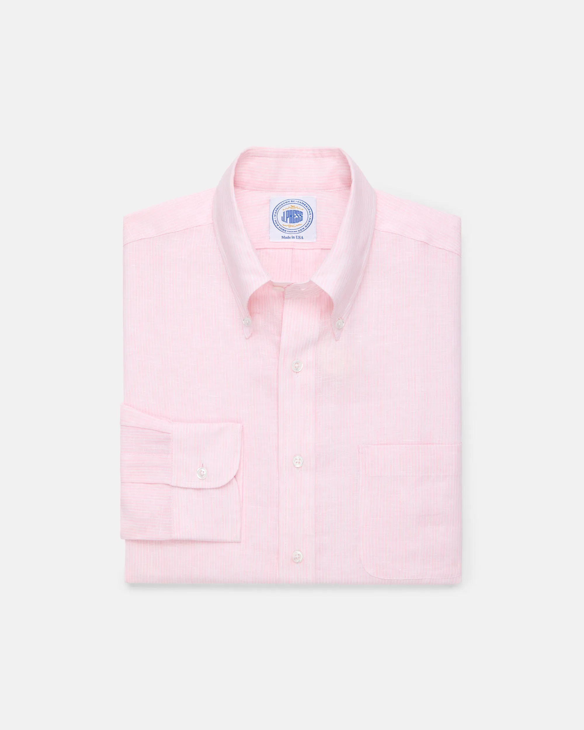 Made-in-USA Thomas Mason Pink with White Stripe Linen Shirt - Classic Fit sold by J. Press