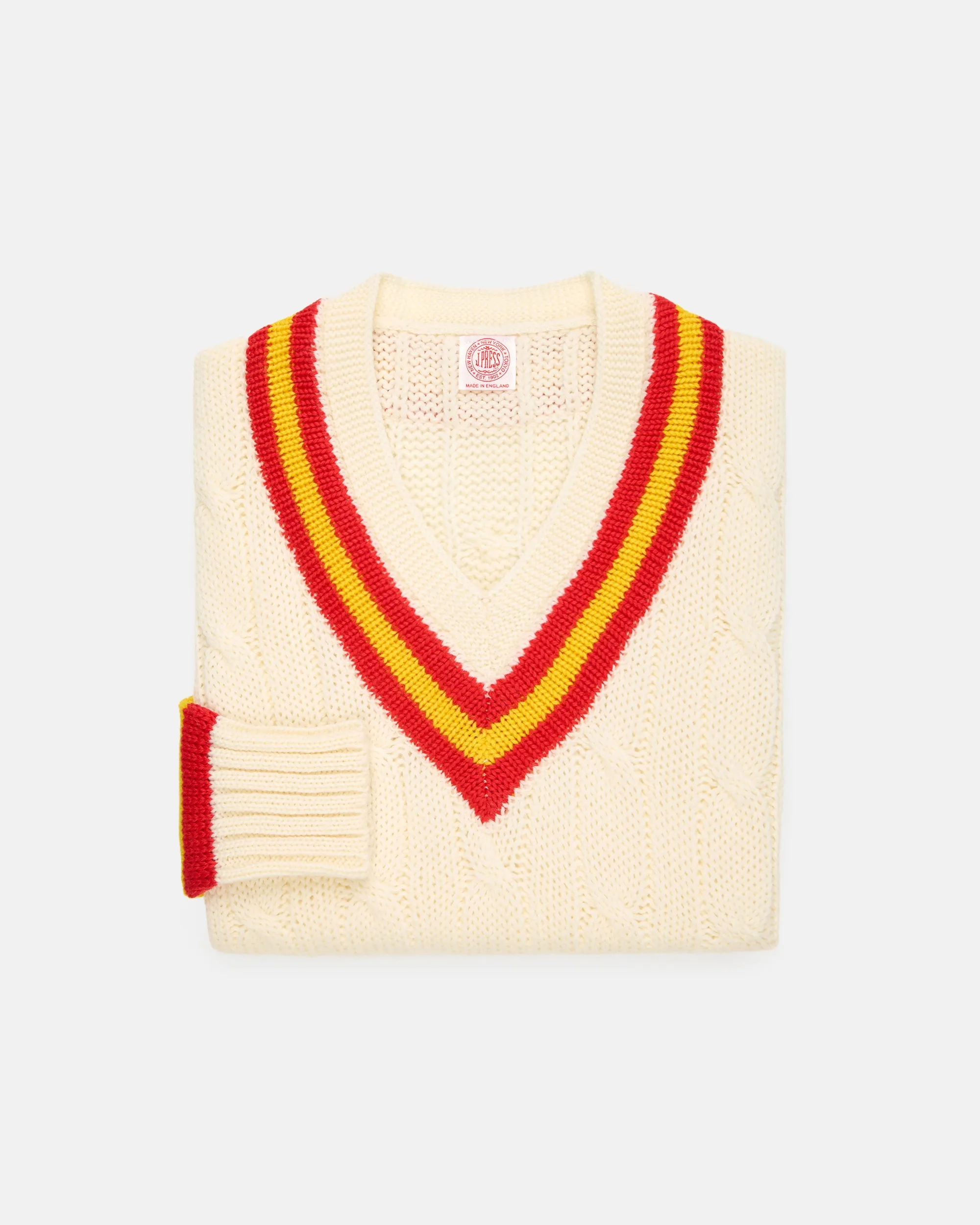 Made-in-England Red & Yellow Cable Knit Wool Cricket Sweater sold by J. Press