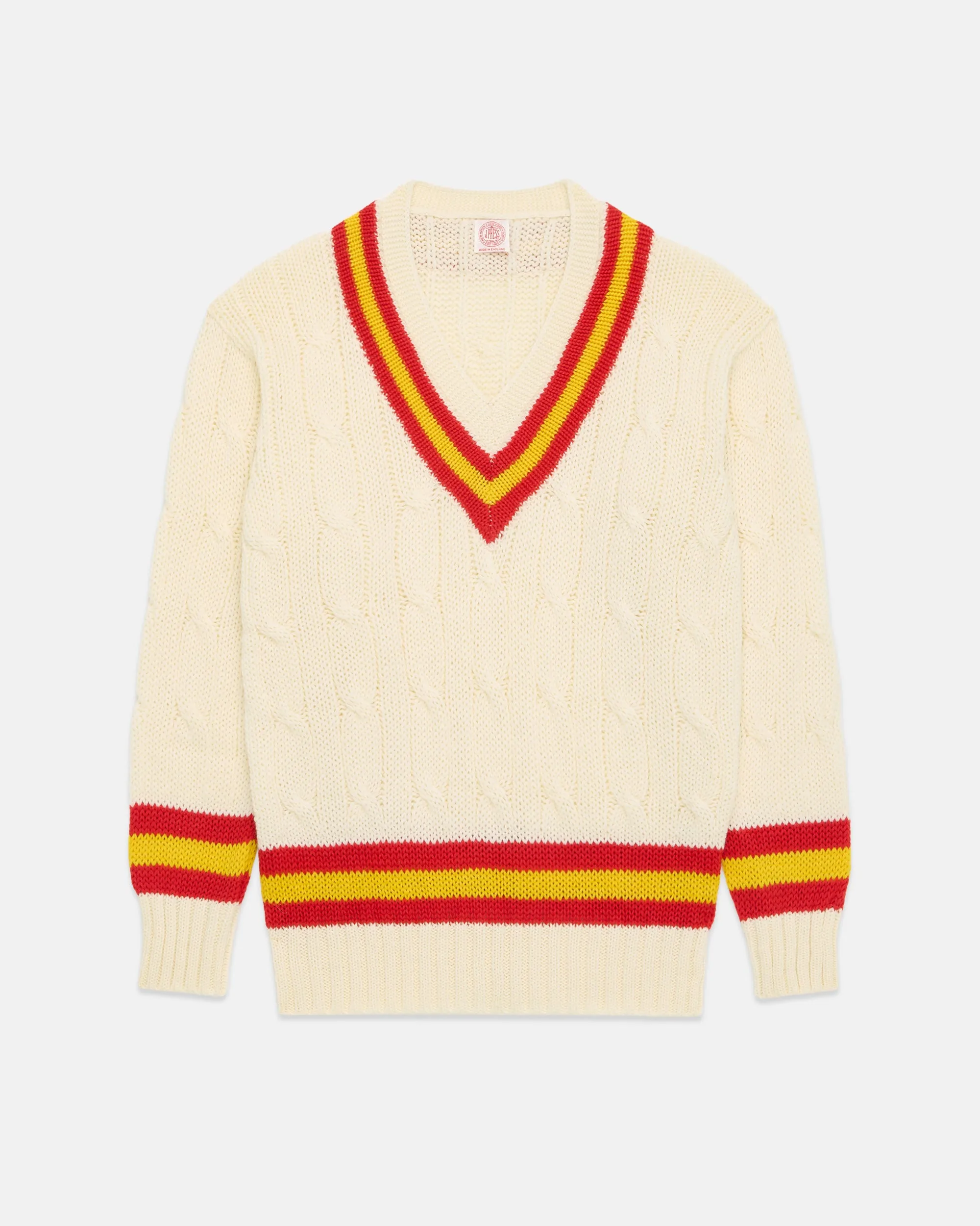 Made-in-England Red & Yellow Cable Knit Wool Cricket Sweater sold by J. Press product image thumbnail 2