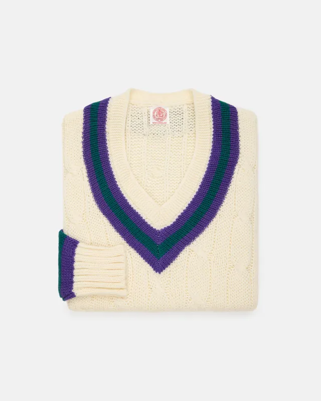 Made-in-England Purple & Green Cable Knit Wool Cricket Sweater made by J. Press