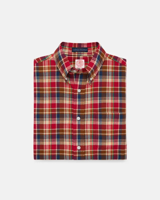 Red, Navy & Tan Madras Button Down Short Sleeve Shirt sold by J. Press