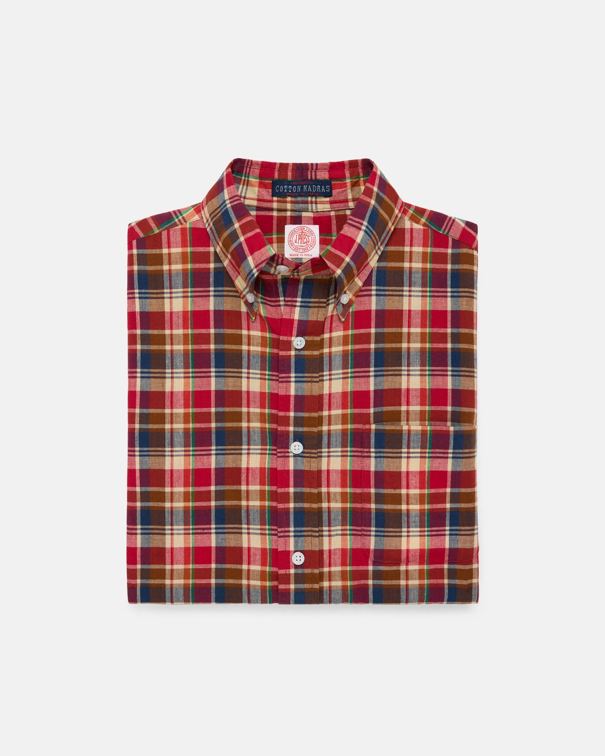 Red, Navy & Tan Madras Button Down Short Sleeve Shirt - Classic Fit sold by J. Press