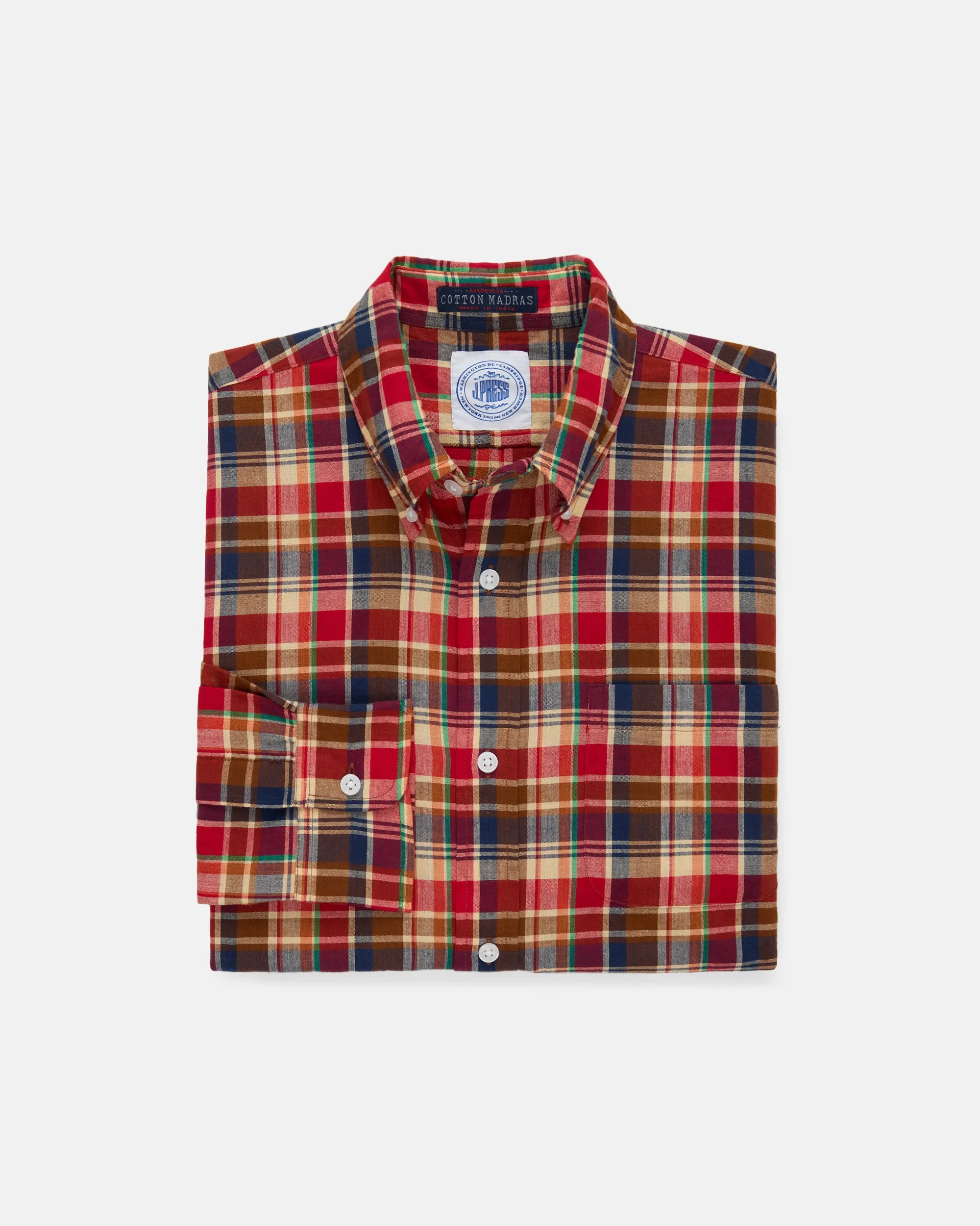Red, Navy & Tan Madras Button Down Sport Shirt sold by J. Press