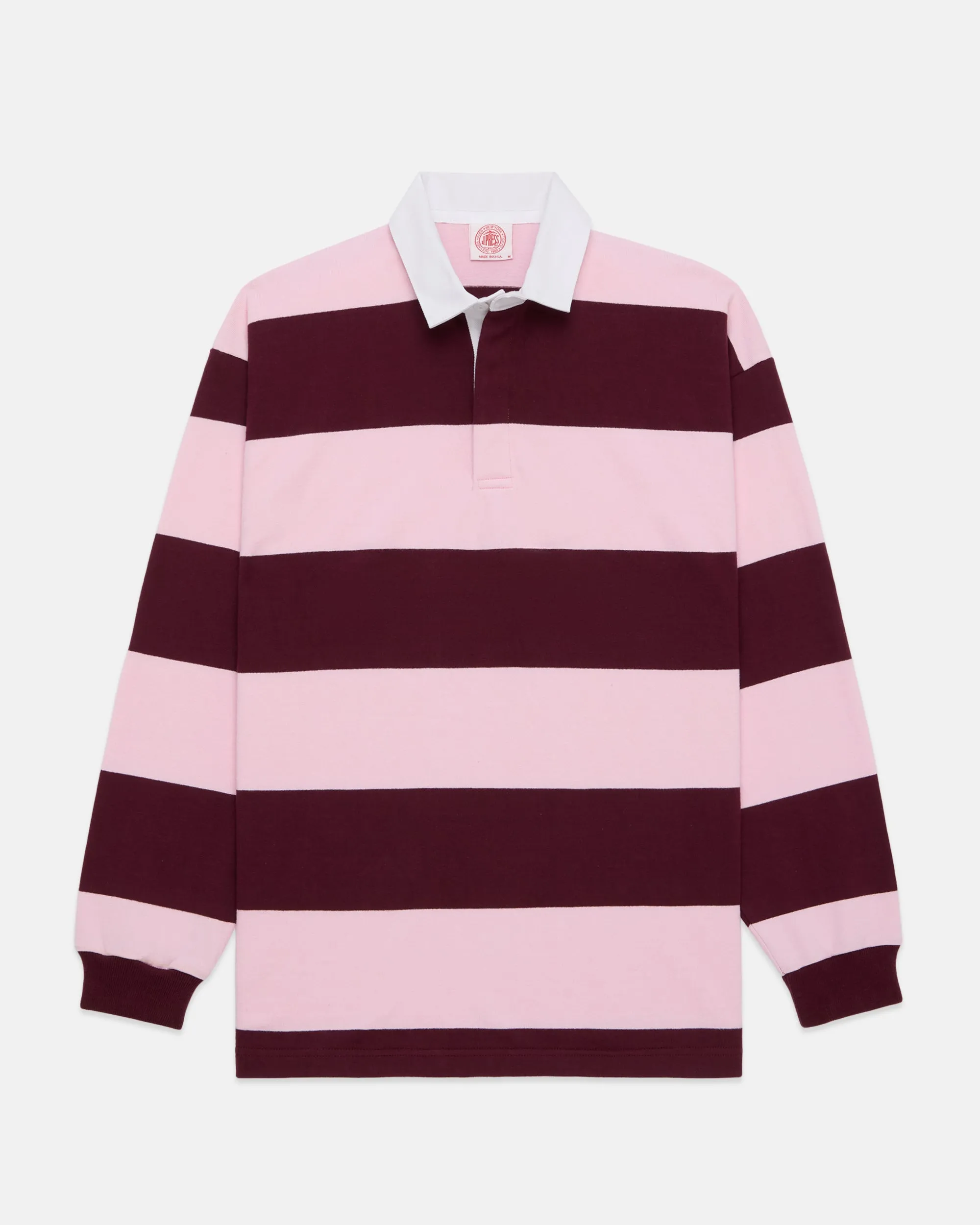 Made-in-USA Pink Guard Stripe Cotton Rugby sold by J. Press