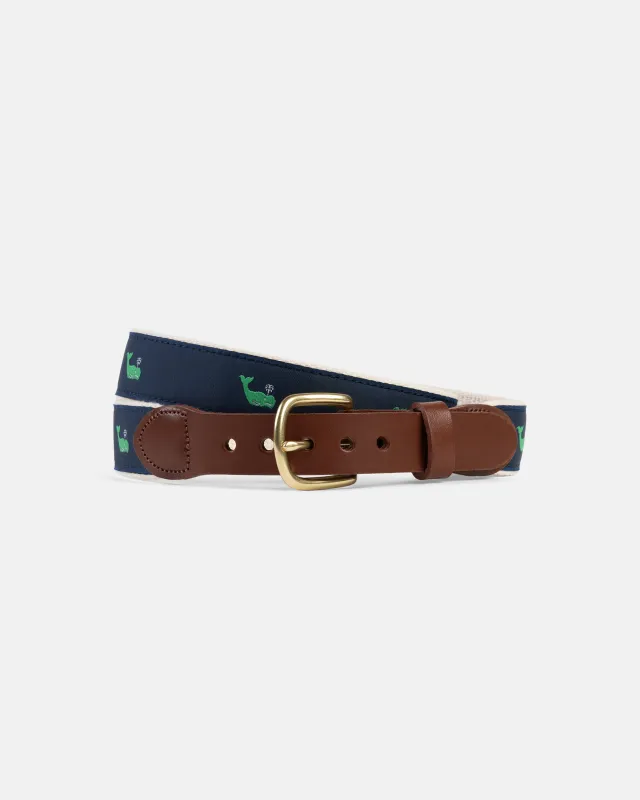 Made-in-USA Green Whales Motif Belt sold by J. Press