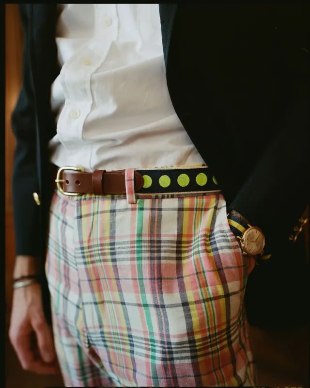 Made-in-USA Tennis Balls Motif Belt sold by J. Press
