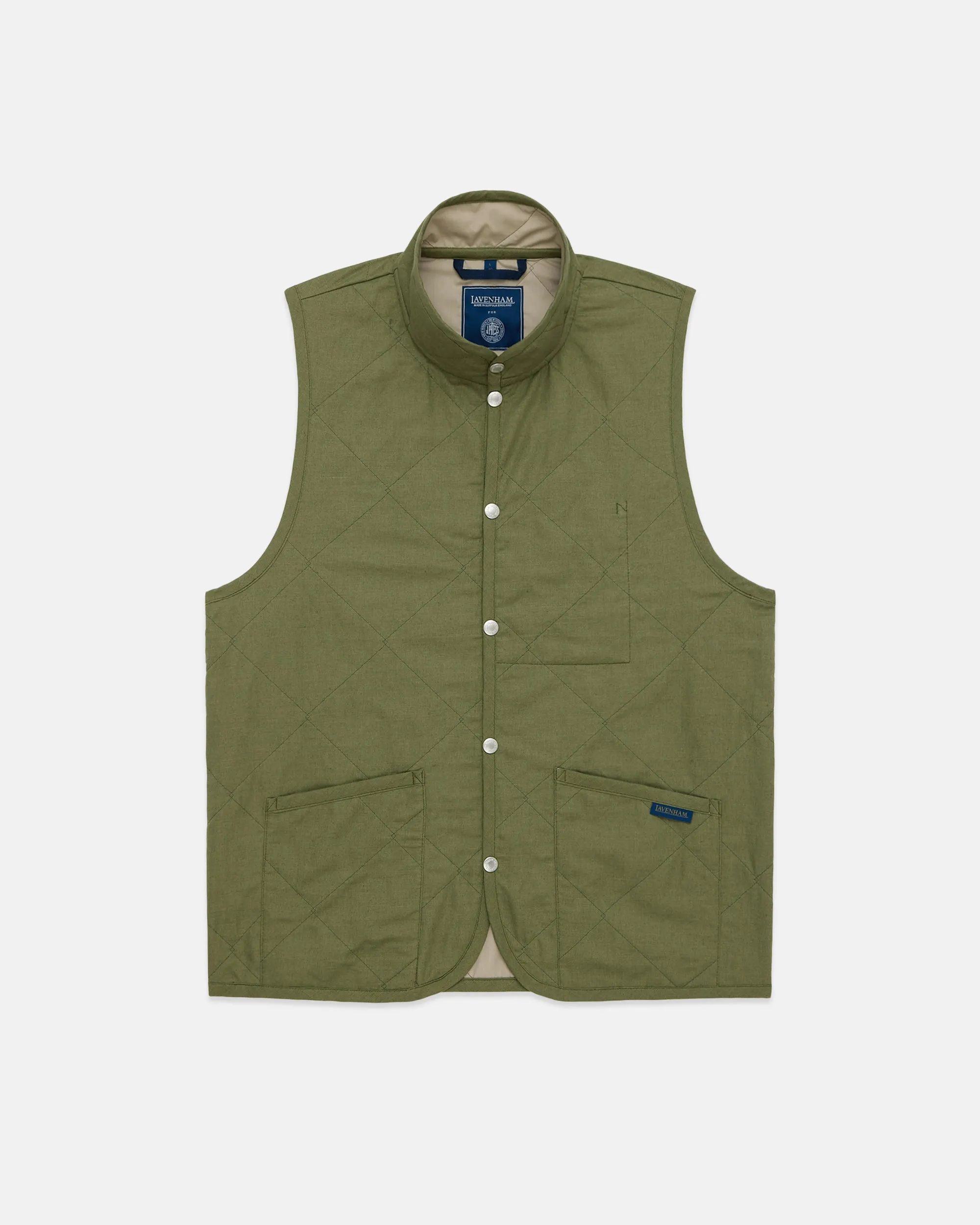 Made-in-England Lavenham Khaki Mickfield Linen/Cotton Quilted Gilet sold by J. Press