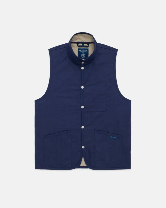 Made-in-England Lavenham Navy Mickfield Linen/Cotton Quilted Gilet sold by J. Press