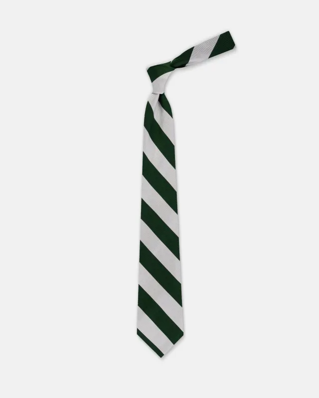 Made-in-USA Dark Green & Silver Guard Stripe Silk Repp Tie made by J. Press