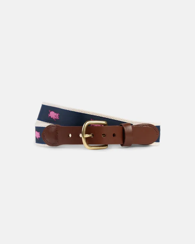 Made-in-USA Running Pigs Motif Belt sold by J. Press