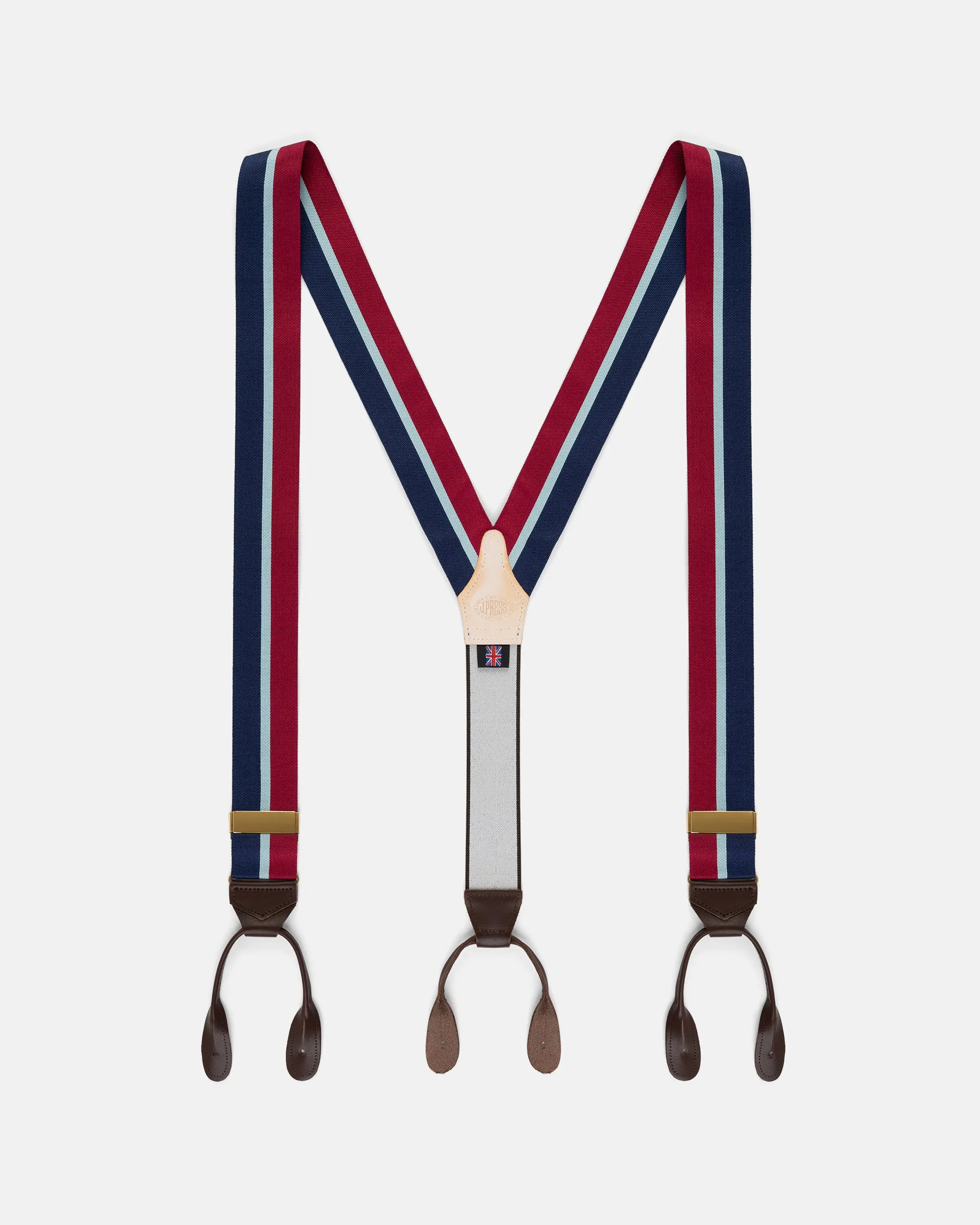 Made-in-England Red, Navy & Light Blue Striped Barathea Braces sold by J. Press