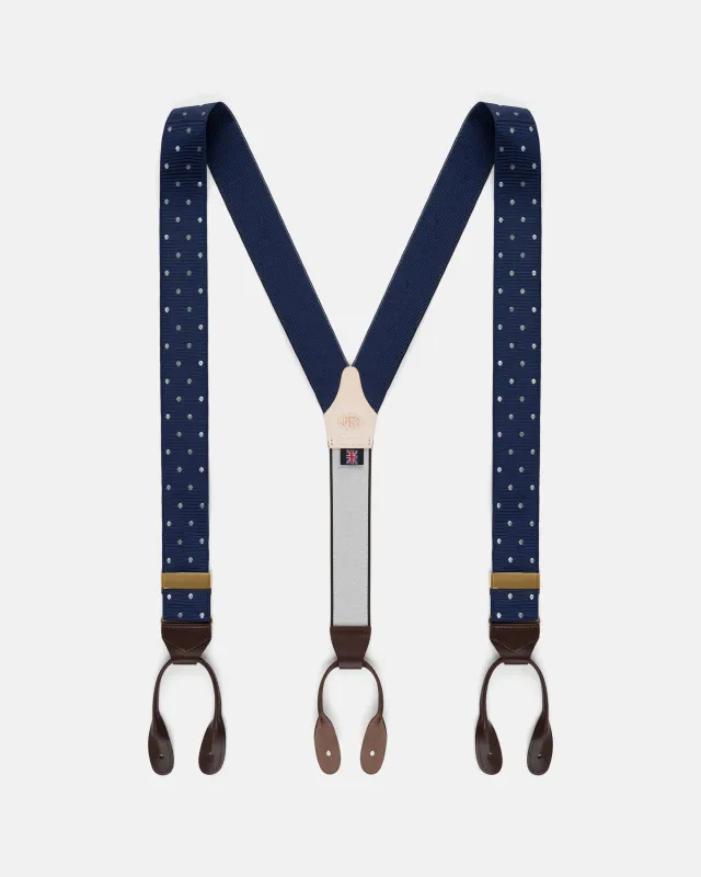 Made-in-England Navy Polka Dot Jacquard Ribbon Braces made by J. Press