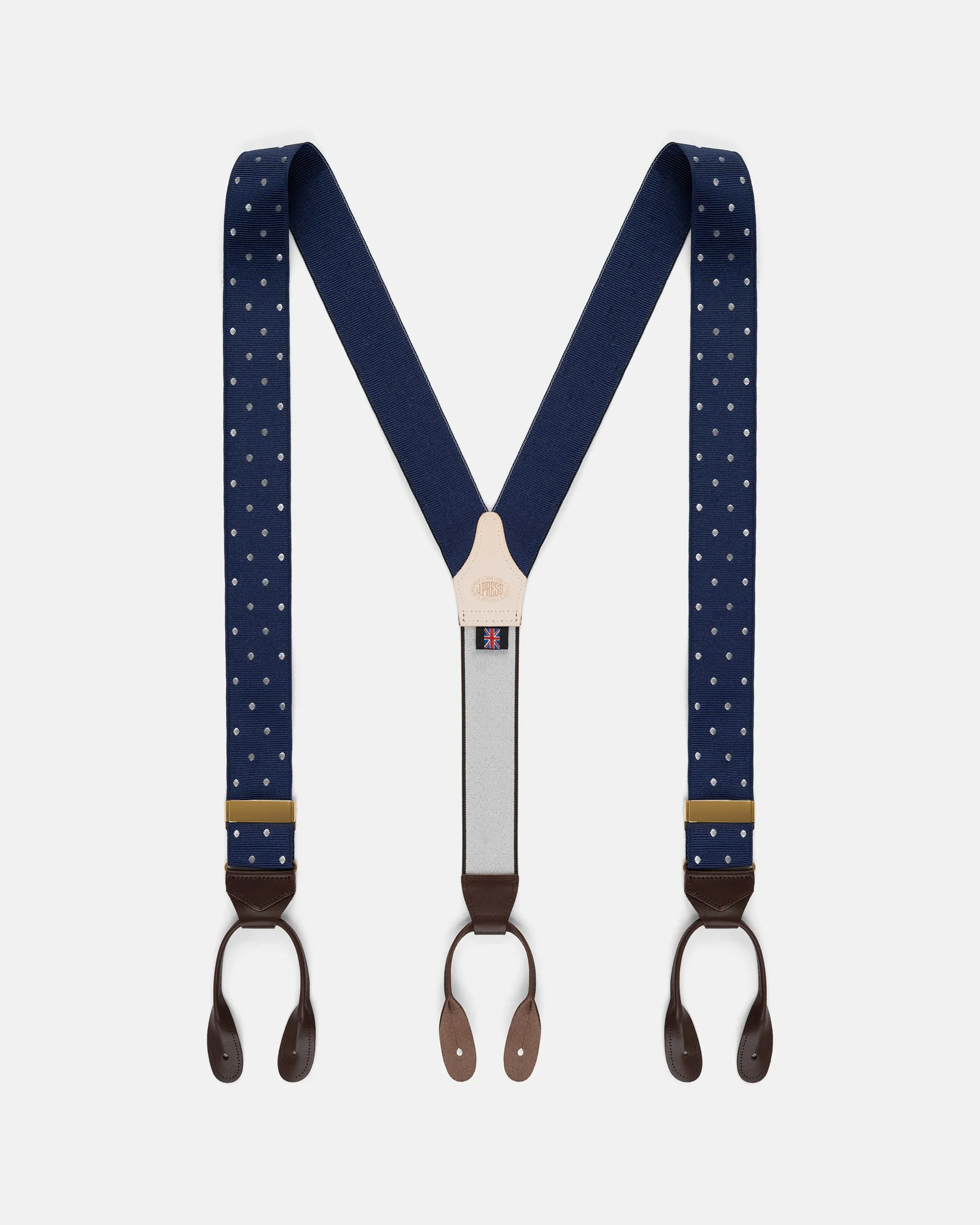 Made-in-England Navy Polka Dot Jacquard Ribbon Braces sold by J. Press