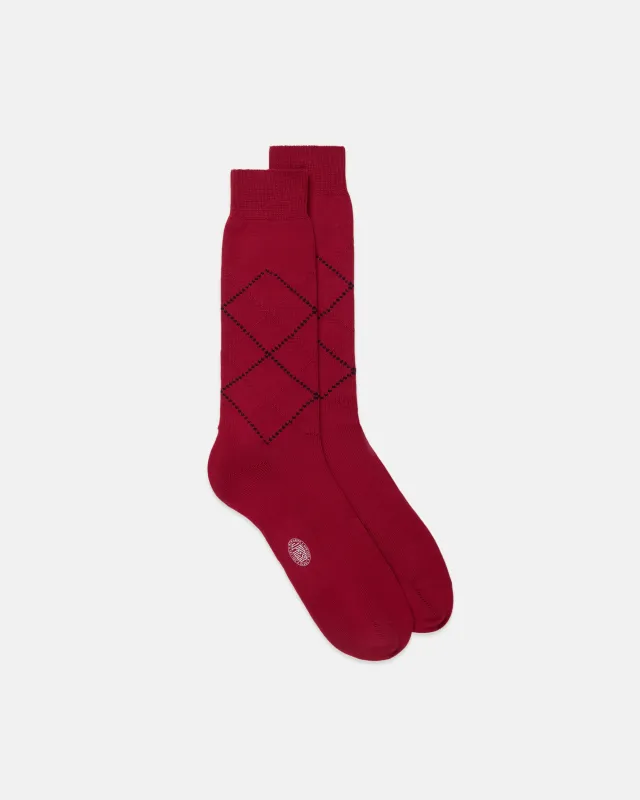 Made-in-Italy Red Tonal Argyle Cotton Mid-Calf Socks made by J. Press