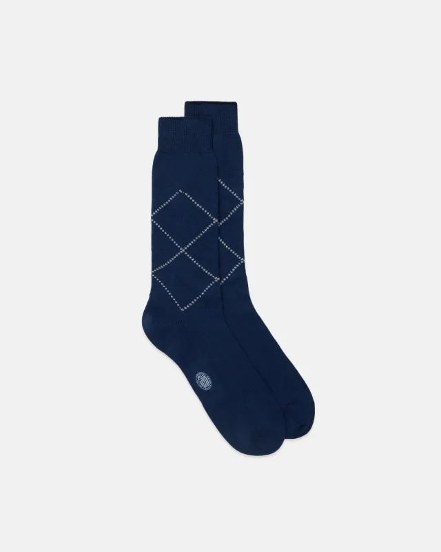 Made-in-Italy Navy Tonal Argyle Cotton Mid-Calf Socks made by J. Press