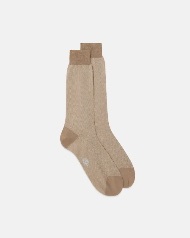 Made-in-Italy Camel Herringbone Cotton Mid-Calf Socks made by J. Press