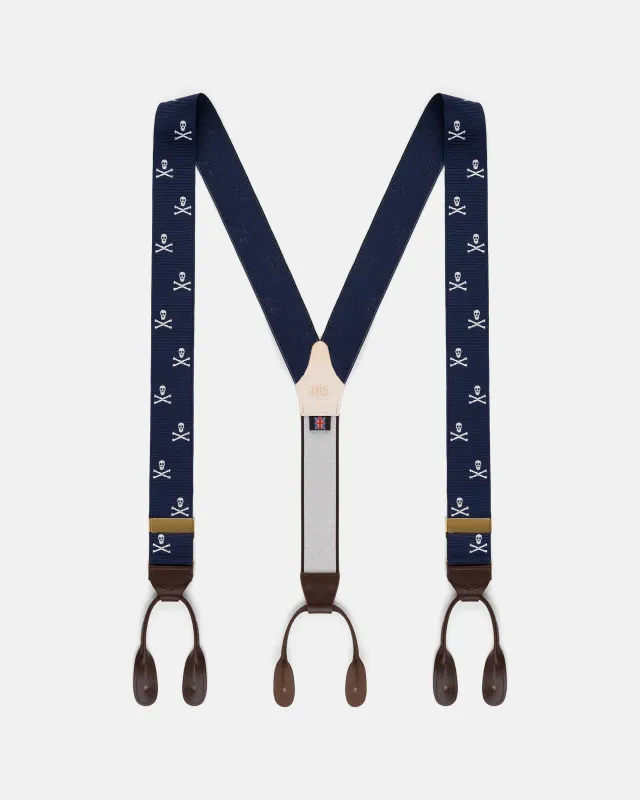 Made-in-England Navy Skull & Bones Jacquard Ribbon Braces made by J. Press