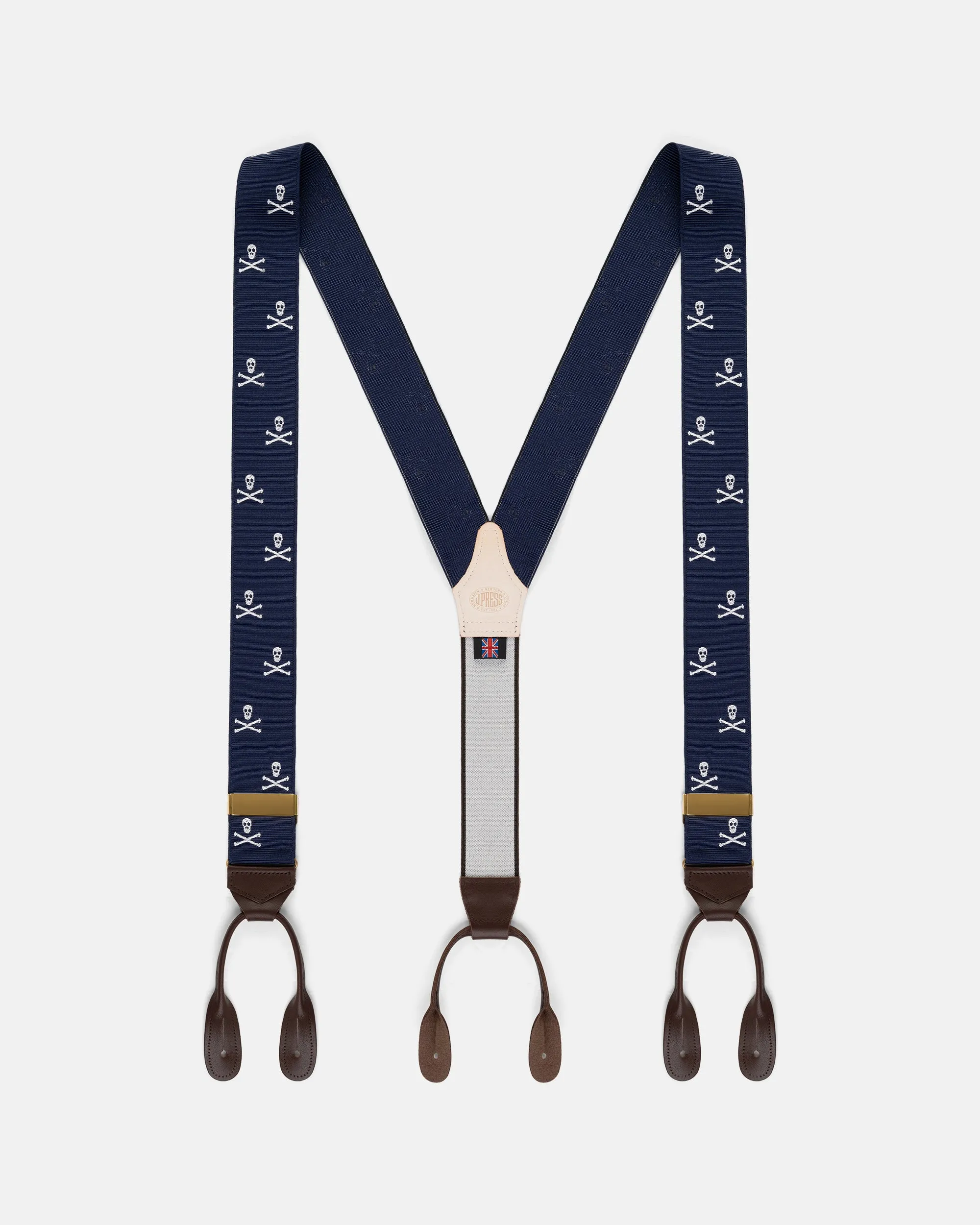 Made-in-England Navy Skull & Bones Jacquard Ribbon Braces sold by J. Press