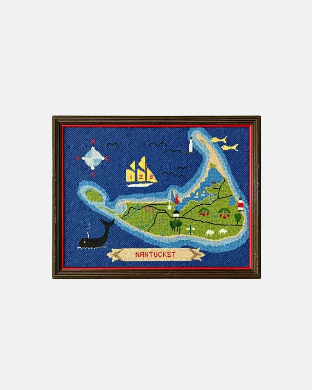 Vintage Nantucket Island Framed Needlepoint Map 17.5 x 22.5 in. made by J. Press