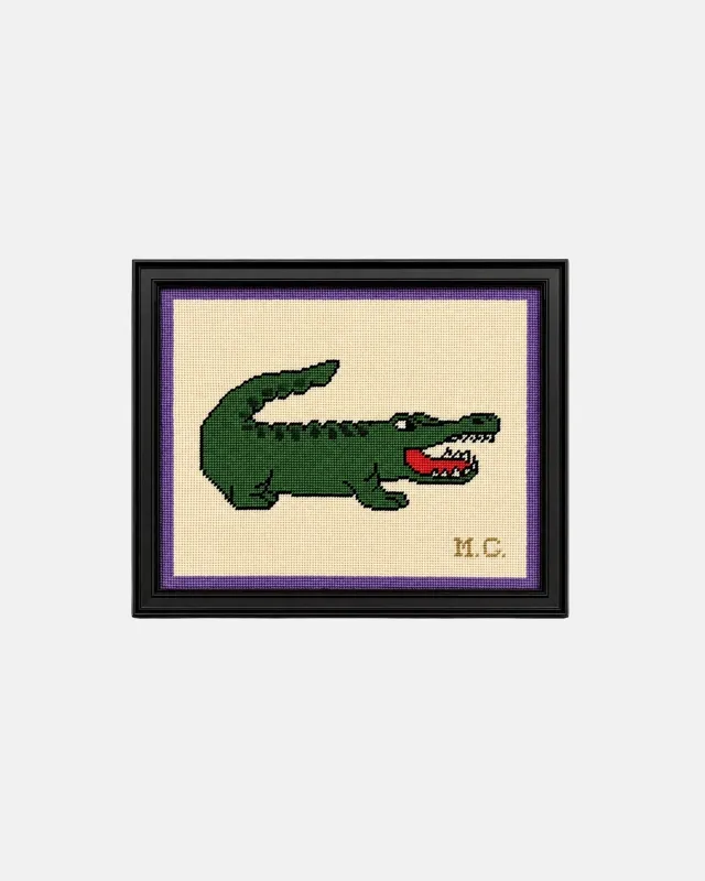 Vintage Preppy Alligator Framed Needlepoint Art 9.5 x 11.5 in. made by J. Press
