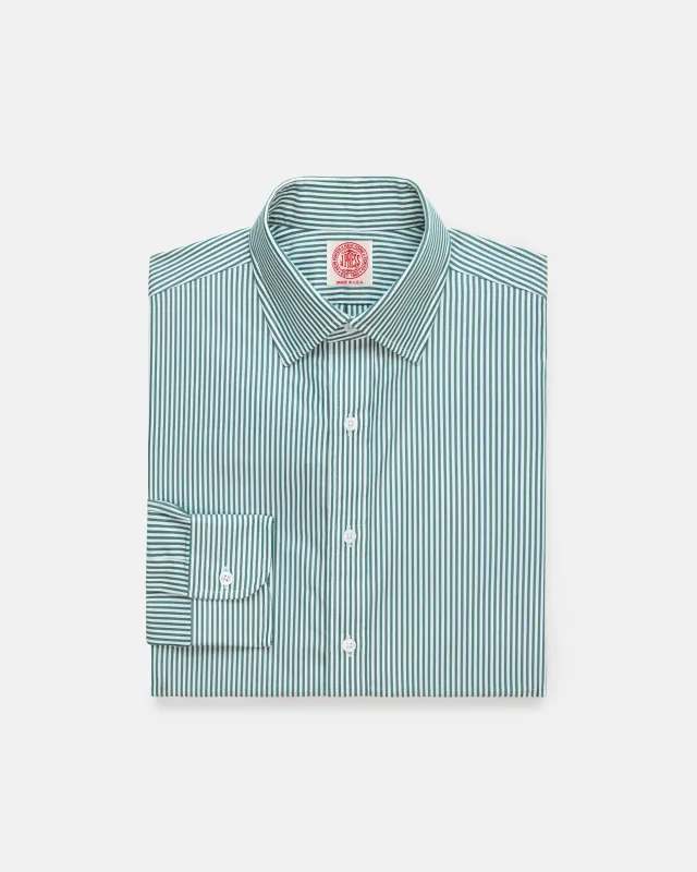 Made-in-USA Thomas Mason Green Bengal Stripe Spread Collar Dress Shirt - Classic Fit made by J. Press