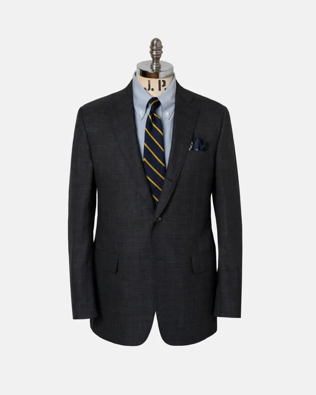 Made-in-USA Charcoal & Blue Shadow Plaid Wool Ivy Model Suit made by J. Press