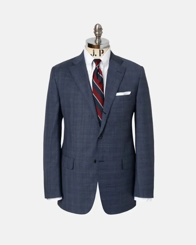 Made-in-USA Medium Blue Plaid Wool Ivy Model Suit made by J. Press