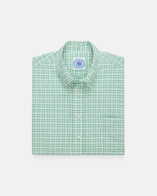 Green Check Cotton/Linen Short Sleeve Sport Shirt - Classic Fit made by J. Press