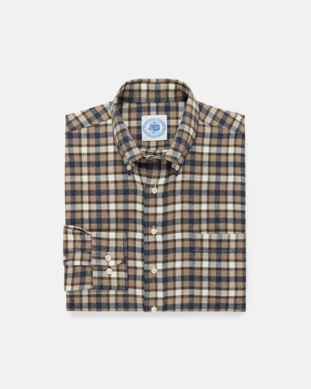 Brown & Navy Plaid Cotton Flannel Button Down Sport Shirt - Classic Fit made by J. Press