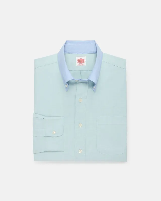 Made-in-USA Mister Mort Green with Blue Contrast Collar Oxford Sport Shirt made by J. Press