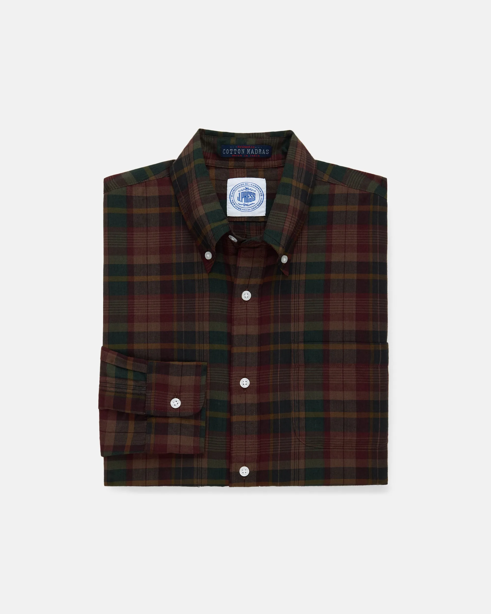 Burgundy, Green & Navy Overdyed Madras Button Down Shirt - Classic Fit sold by J. Press