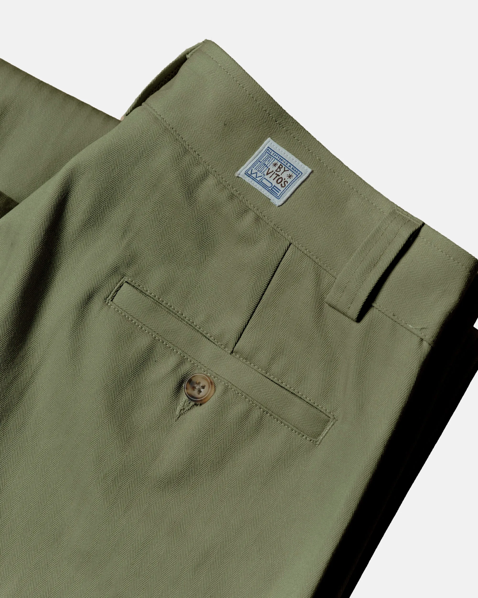 Vito's Foliage Green Herringbone High n' Wide Pant sold by J. Press