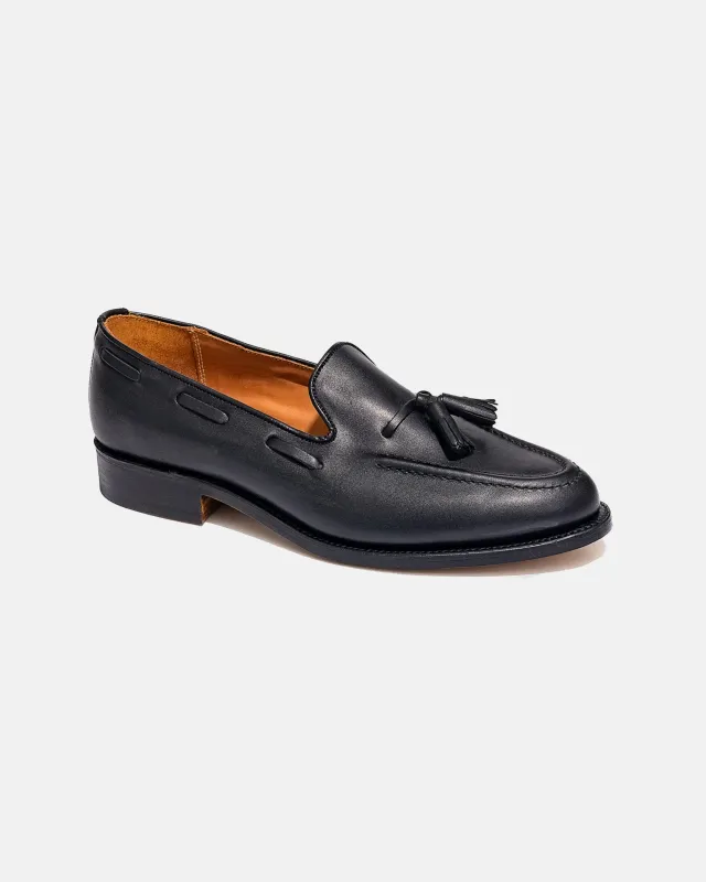 Made-in-England Black Calfskin Tassel Loafer made by Sanders
