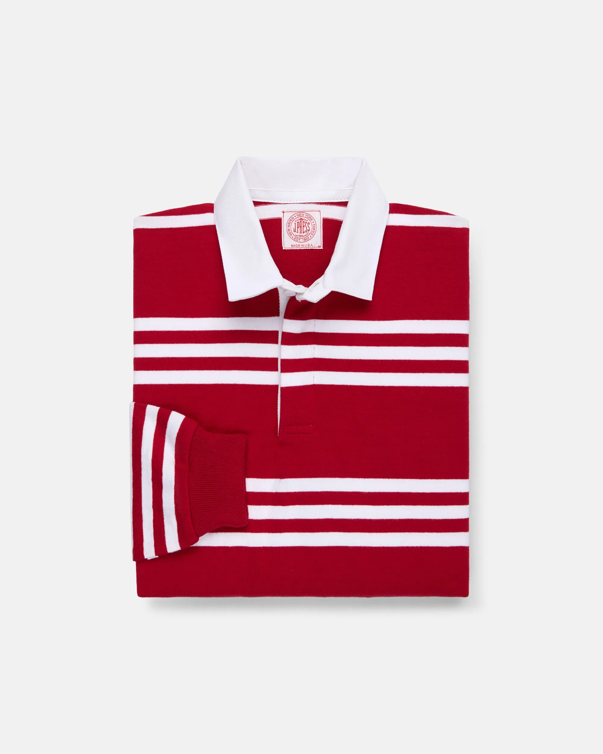 Made-in-USA Red & White Triple Stripe Cotton Rugby sold by J. Press