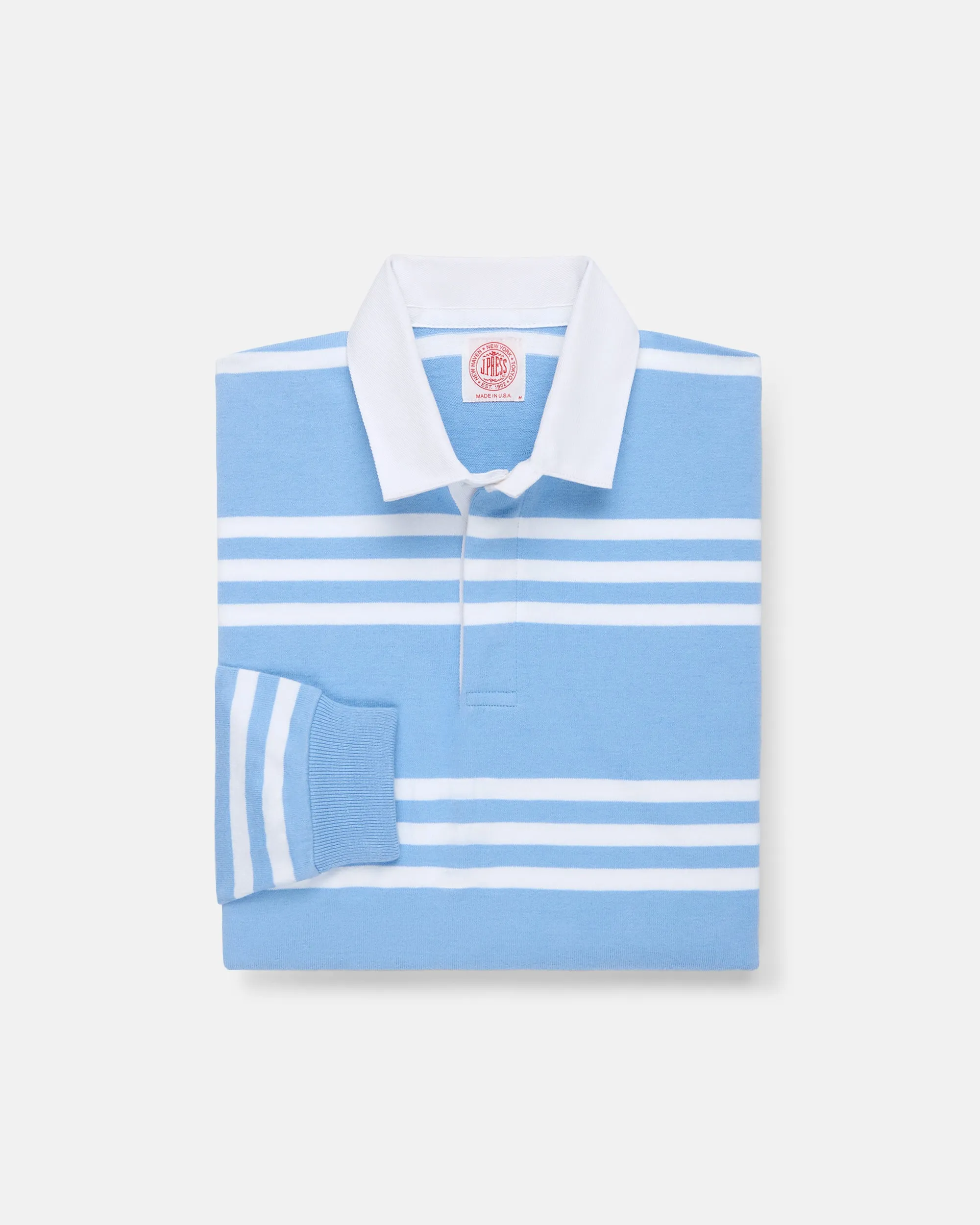 Made-in-USA Light Blue & White Triple Stripe Cotton Rugby sold by J. Press