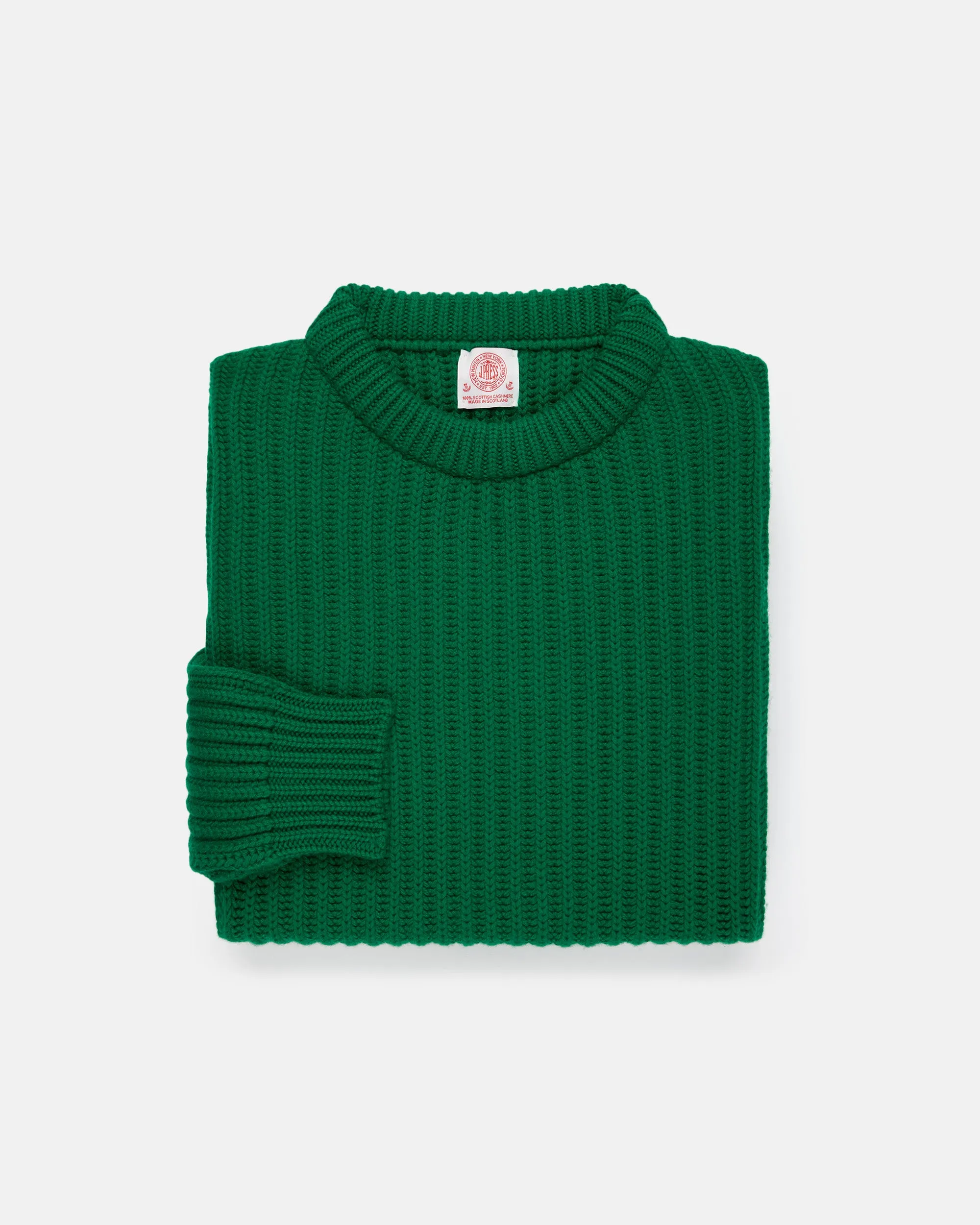 Made-in-Scotland Green Cashmere Fisherman Rib Crewneck Sweater sold by J. Press