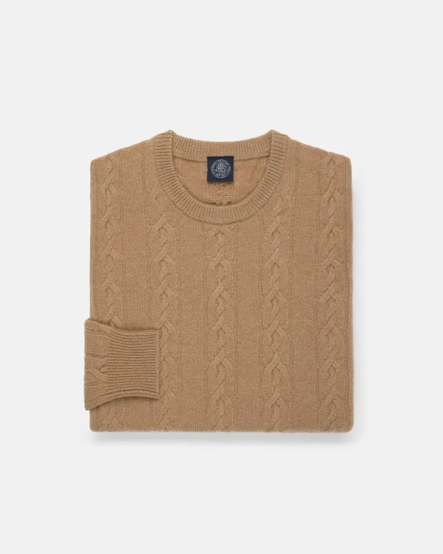Camel Lambswool Cable Crewneck Sweater made by Alan Paine