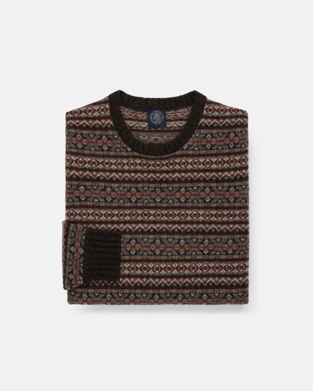 Brown Lambswool Fair Isle Crewneck Sweater - Trim Fit made by Alan Paine