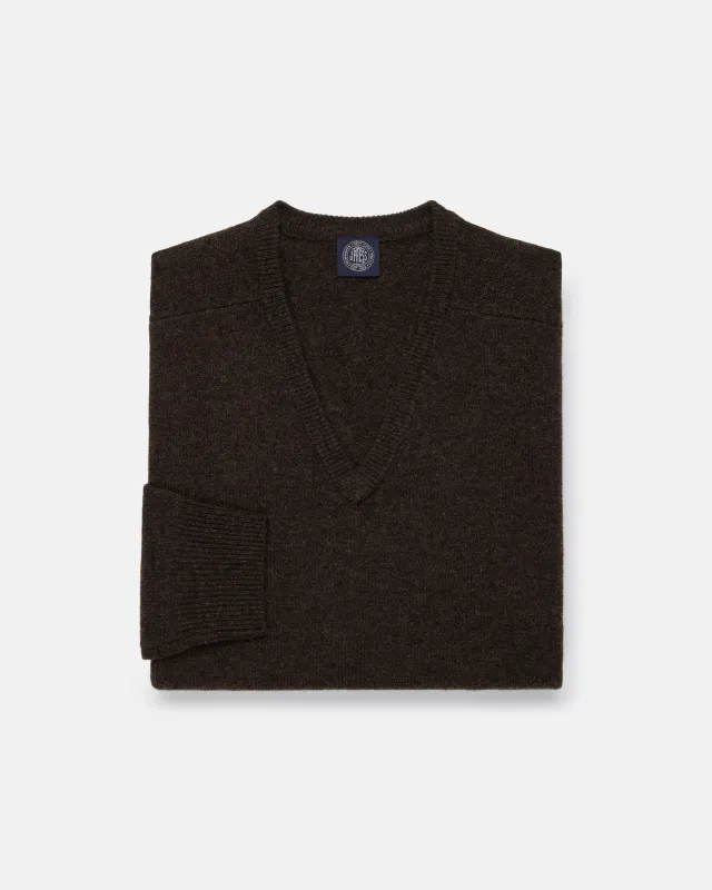 Dark Brown Lambswool V-neck Sweater made by Alan Paine