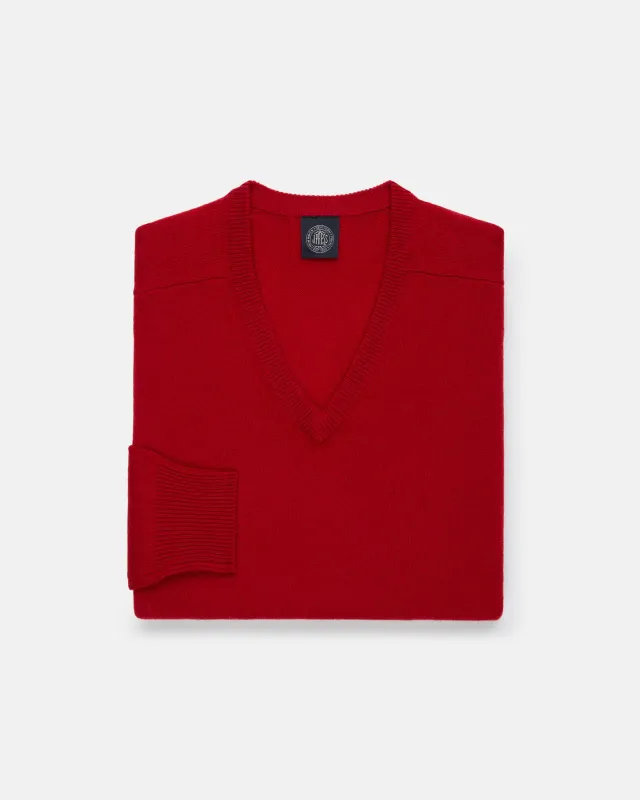 Red Lambswool V-neck Sweater made by Alan Paine