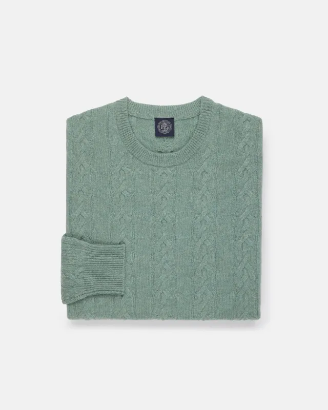 Pale Blue Lambswool Cable Crewneck Sweater made by Alan Paine