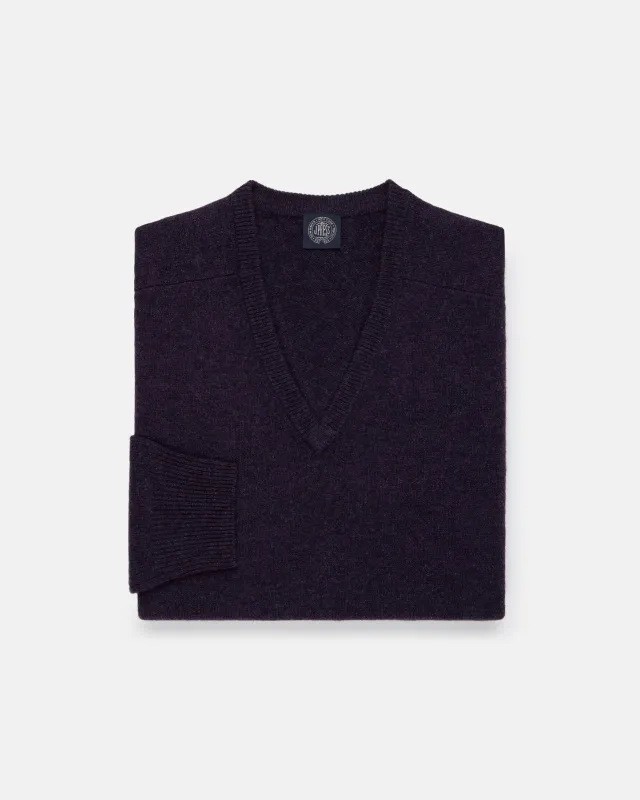 Dark Purple Lambswool V-neck Sweater made by Alan Paine