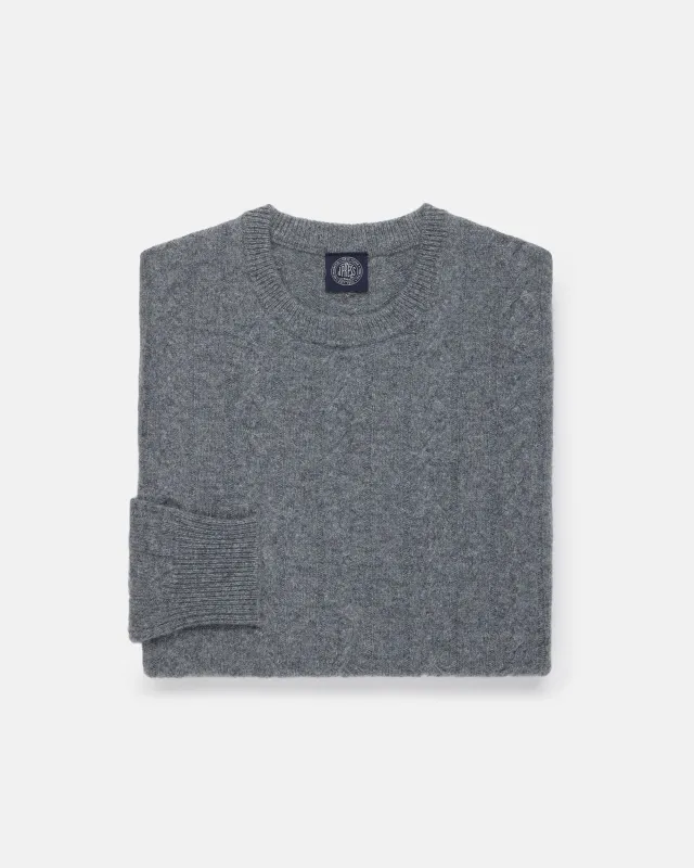 Grey Lambswool Cable Crewneck Sweater made by Alan Paine