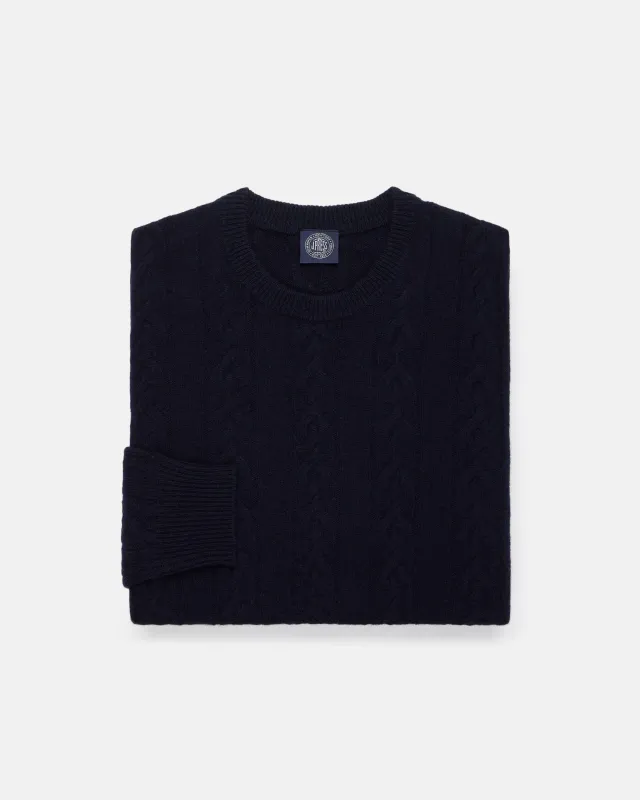 Navy Lambswool Cable Crewneck Sweater made by Alan Paine