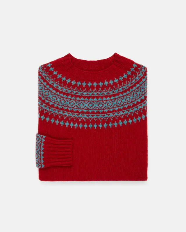 Made-in-Scotland Women's Red Fair Isle Yoke Crew Neck Sweater made by Harley-Davidson