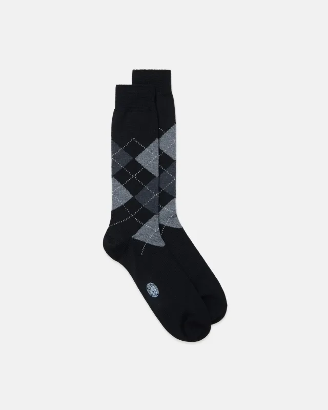 Made-in-Italy Black & Grey Argyle Wool Mid-Calf Socks made by J. Press