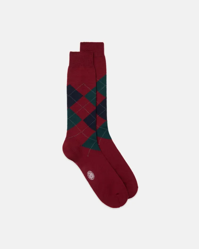 Made-in-Italy Burgundy, Navy & Green Argyle Wool Mid-Calf Socks made by J. Press