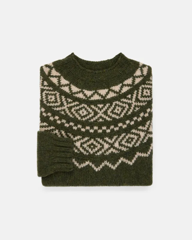 Made-in-Scotland Green & White Heavy Yoke Fair Isle Crew Neck Sweater made by Harley-Davidson