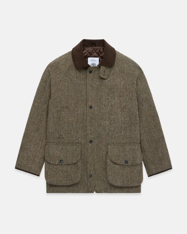 Made-in-UK Olive & Tan Herringbone Harris Tweed Field Coat made by J. Press