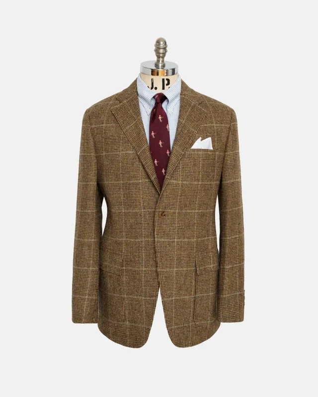 Made-in-USA Light Brown Tic Weave Windowpane Cheviot Tweed Sport Coat made by J. Press